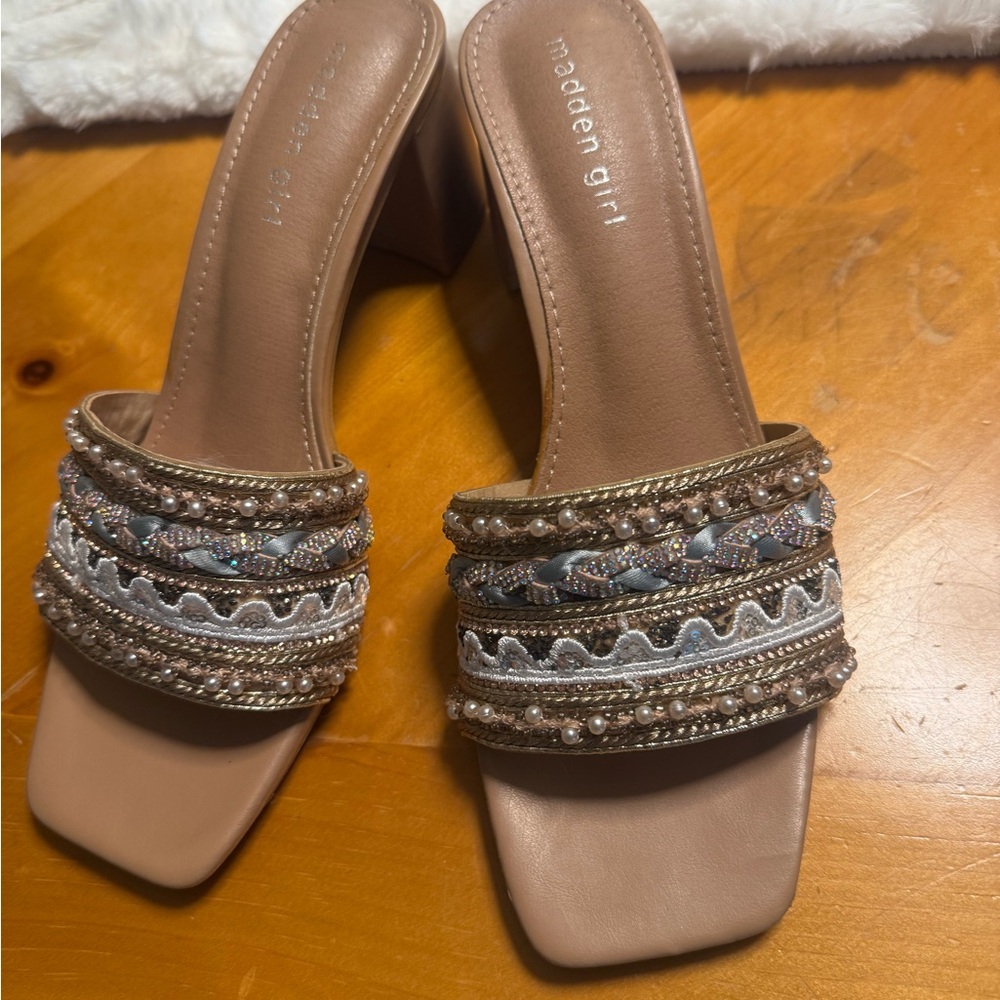 Madden Girl Brown and Cream Embellished Mules